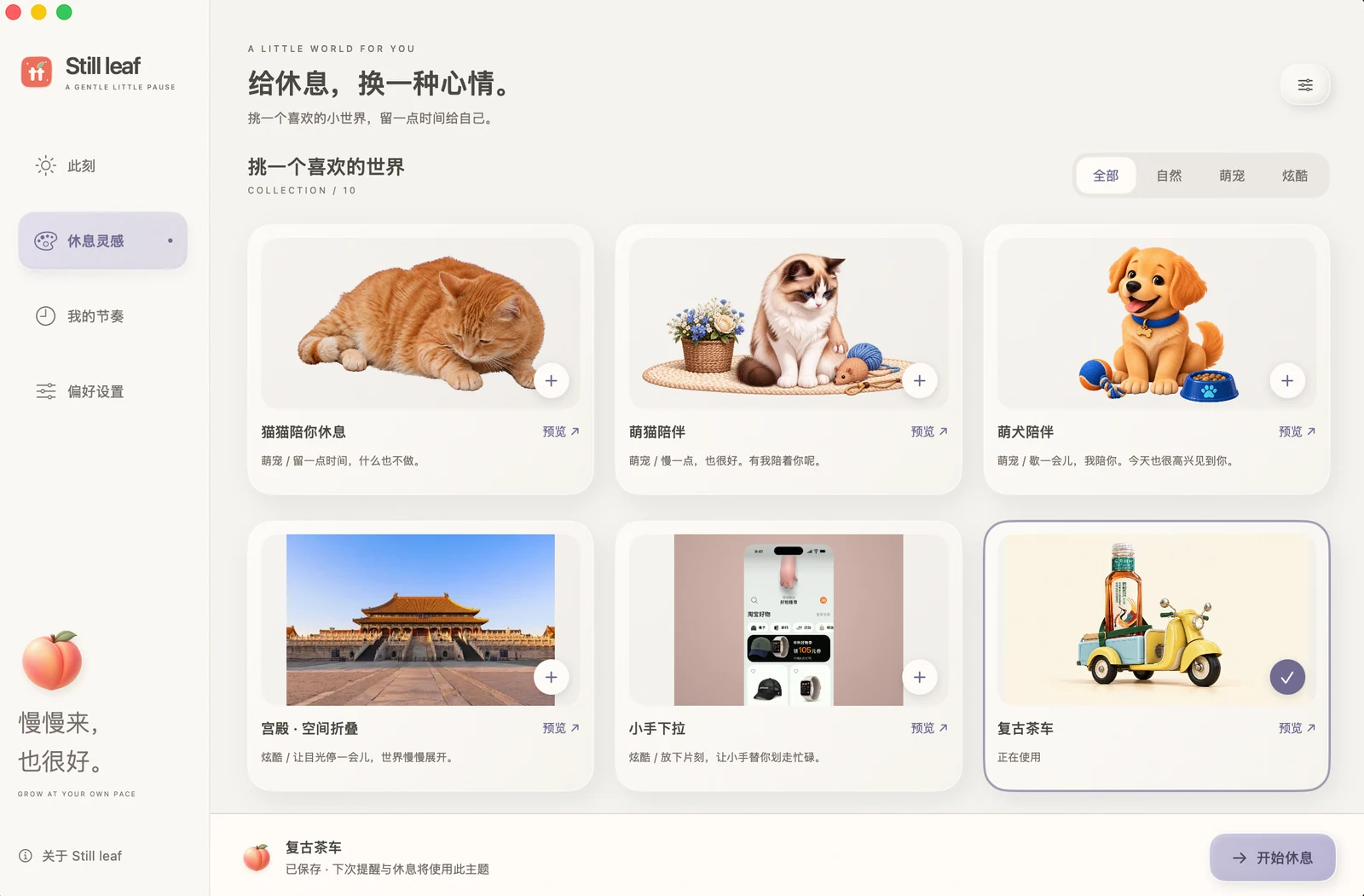 Still leaf theme library showing relaxing scene choices